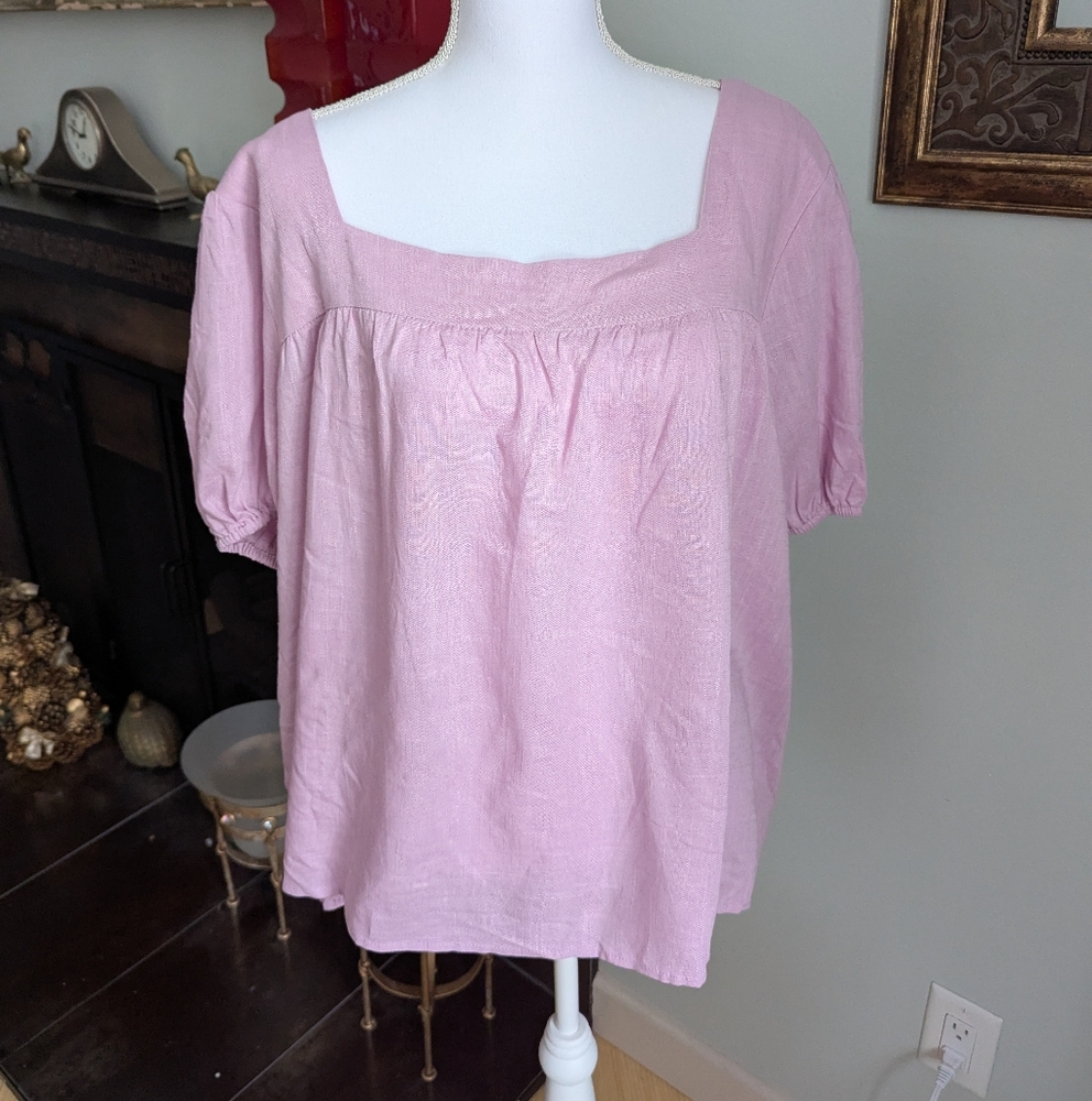 NEW Hayden Womens 2XL Short Sleeve Linen Blend Peasant Top Light PinkPurple 123